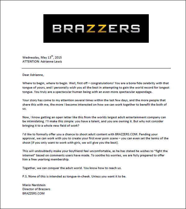 Brazzers offer letter to Long Tongue Lewis